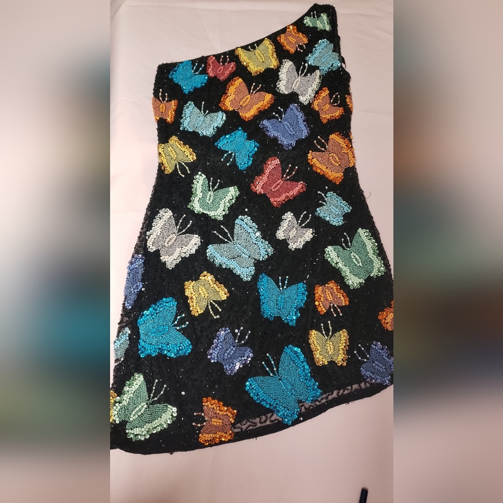 Mac Duggal Black One-Shoulder Mini Dress with Multicolor Butterfly Motif - Picture 2 of 5